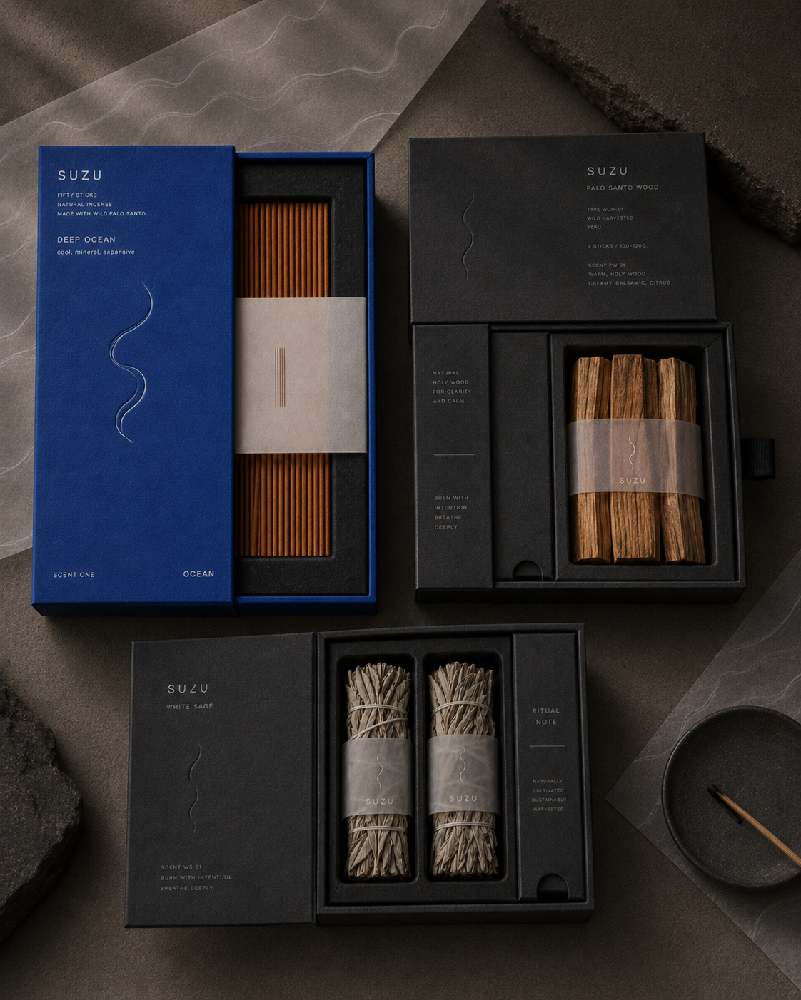 Suzu boxed sets — Ocean, Palo Santo Wood, White Sage